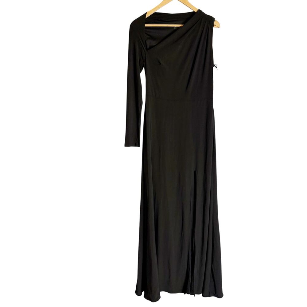 Betsy & Adam Black Asymmetrical Neck One Sleeve Long Slit Evening Gown Size 10 - Picture 2 of 10